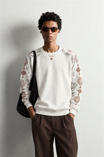 Erkek Kolu Etnik Desen Baskılı Bisiklet Yaka Oversize Sweatshirt