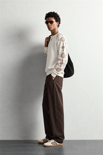 Erkek Kolu Etnik Desen Baskılı Bisiklet Yaka Oversize Sweatshirt