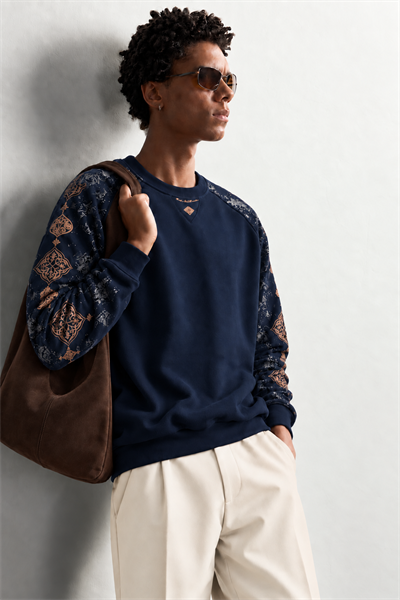 Erkek Kolu Etnik Desen Baskılı Bisiklet Yaka Oversize Sweatshirt