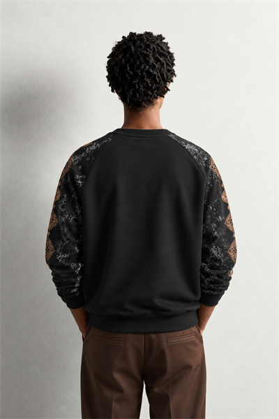 Erkek Kolu Etnik Desen Baskılı Bisiklet Yaka Oversize Sweatshirt