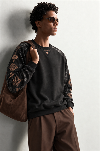Erkek Kolu Etnik Desen Baskılı Bisiklet Yaka Oversize Sweatshirt