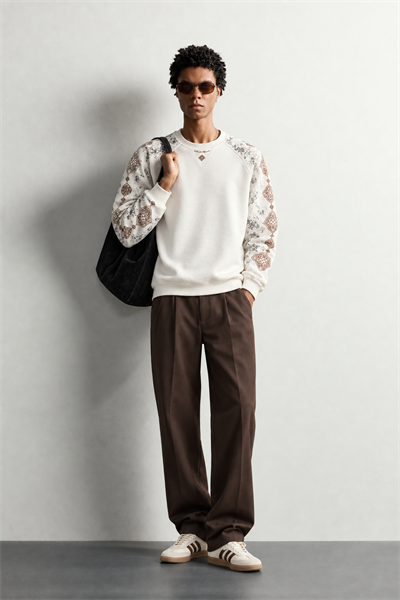 Erkek Kolu Etnik Desen Baskılı Bisiklet Yaka Oversize Sweatshirt