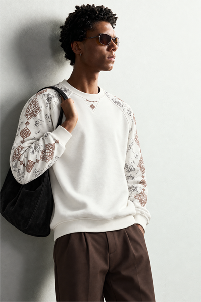 Erkek Kolu Etnik Desen Baskılı Bisiklet Yaka Oversize Sweatshirt