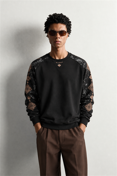 Erkek Kolu Etnik Desen Baskılı Bisiklet Yaka Oversize Sweatshirt
