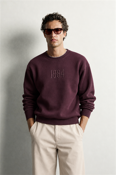 Erkek Ön ve Sırt Kabartma Nakış Detaylı Bisiklet Yaka Oversize Sweatshirt
