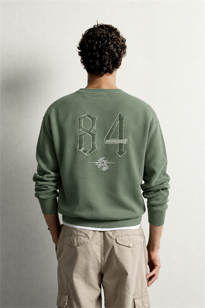 Erkek Ön ve Sırt Kabartma Nakış Detaylı Bisiklet Yaka Oversize Sweatshirt