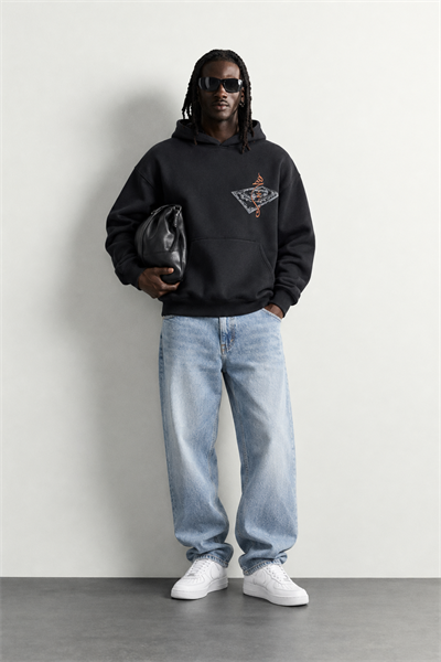 Erkek Patch Baskılı Nakışlı Şardonlu Kapüşonlu Oversize Sweatshirt