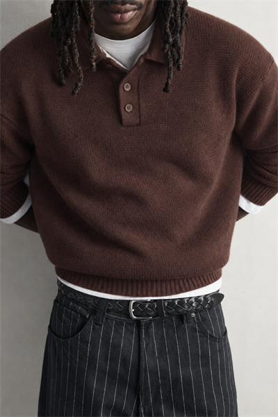 Erkek Polo Yaka Düğmeli Oversize Yün Karışımlı Triko Kazak