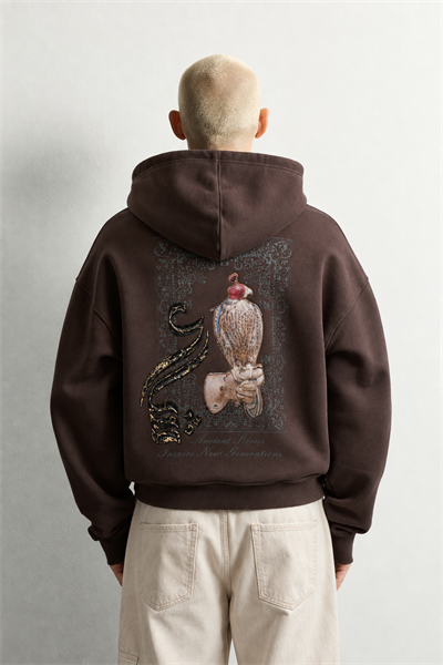 Erkek Şardonlu Şahin Figürlü Kapüşonlu Oversize Sweatshirt
