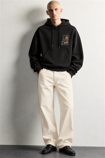 Erkek Şardonlu Şahin Figürlü Kapüşonlu Oversize Sweatshirt