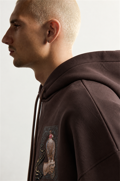 Erkek Şardonlu Şahin Figürlü Kapüşonlu Oversize Sweatshirt