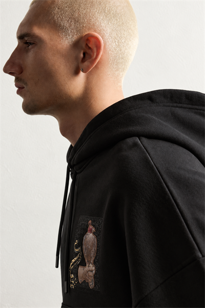 Erkek Şardonlu Şahin Figürlü Kapüşonlu Oversize Sweatshirt