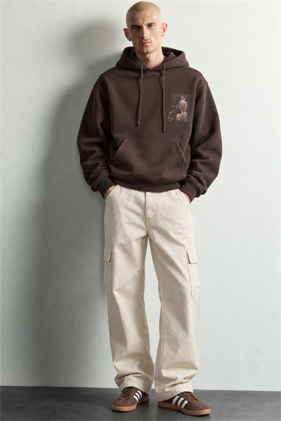 Erkek Şardonlu Şahin Figürlü Kapüşonlu Oversize Sweatshirt