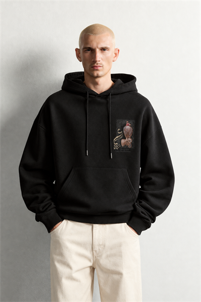Erkek Şardonlu Şahin Figürlü Kapüşonlu Oversize Sweatshirt