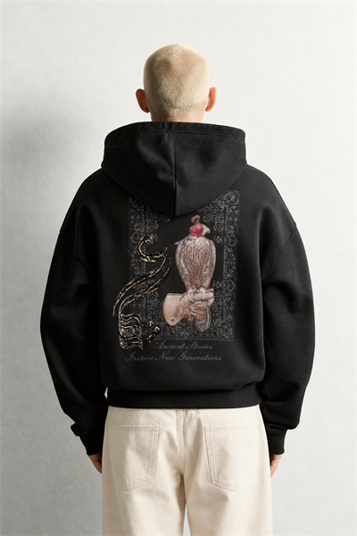 Erkek Şardonlu Şahin Figürlü Kapüşonlu Oversize Sweatshirt
