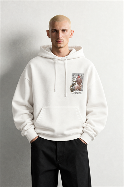 Erkek Şardonlu Şahin Figürlü Kapüşonlu Oversize Sweatshirt