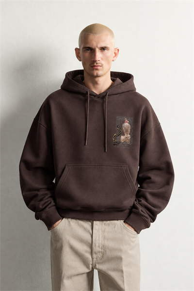 Erkek Şardonlu Şahin Figürlü Kapüşonlu Oversize Sweatshirt