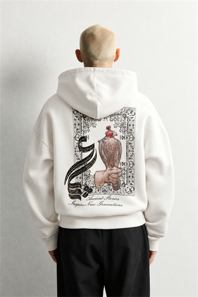 Erkek Şardonlu Şahin Figürlü Kapüşonlu Oversize Sweatshirt