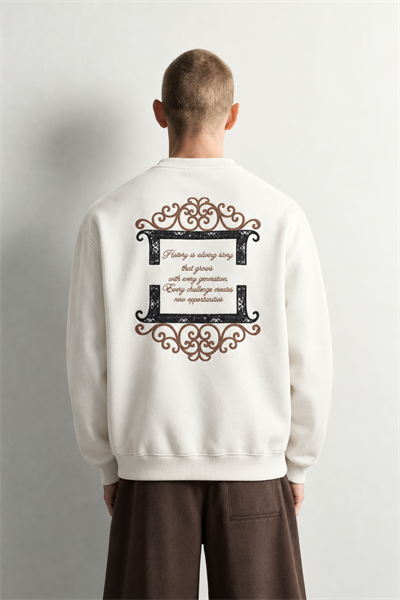 Erkek Sırt Çerçeve Baskılı Şardonlu Bisiklet Yaka Oversize Sweatshirt