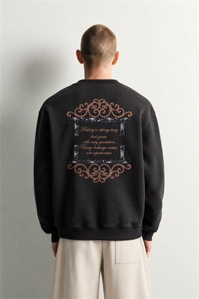 Erkek Sırt Çerçeve Baskılı Şardonlu Bisiklet Yaka Oversize Sweatshirt