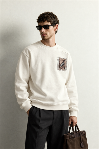 Erkek Sırt ve Göğüs Etnik Desen Patch Baskılı Bisiklet Yaka Oversize Sweatshirt