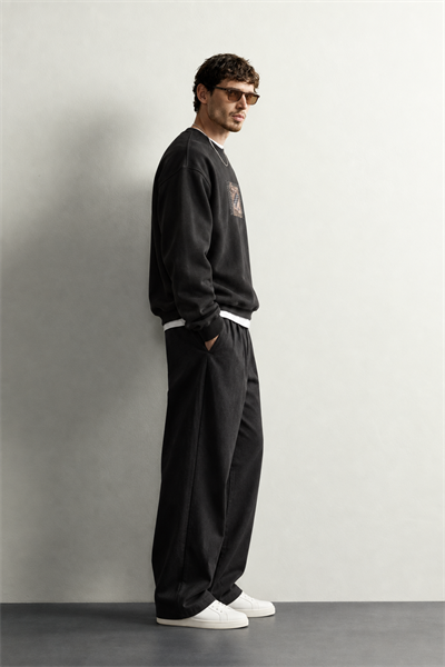 Erkek Sırt ve Göğüs Etnik Desen Patch Baskılı Bisiklet Yaka Oversize Sweatshirt
