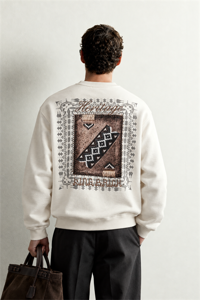 Erkek Sırt ve Göğüs Etnik Desen Patch Baskılı Bisiklet Yaka Oversize Sweatshirt