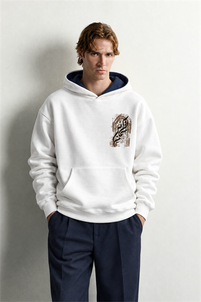 Erkek Van Gogh Patch Baskılı Şardonlu Kapüşonlu Oversize Sweatshirt
