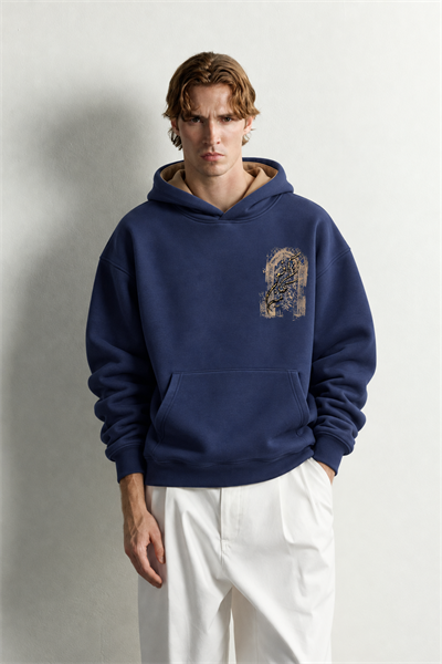Erkek Van Gogh Patch Baskılı Şardonlu Kapüşonlu Oversize Sweatshirt