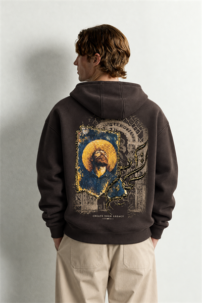 Erkek Van Gogh Patch Baskılı Şardonlu Kapüşonlu Oversize Sweatshirt