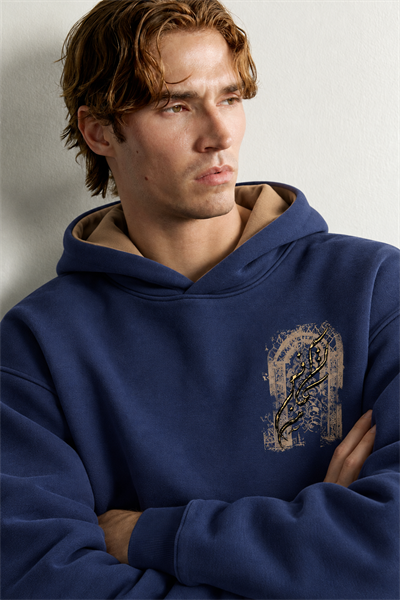 Erkek Van Gogh Patch Baskılı Şardonlu Kapüşonlu Oversize Sweatshirt