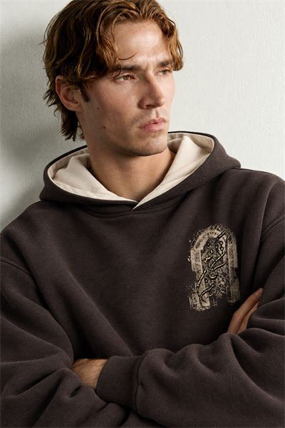 Erkek Van Gogh Patch Baskılı Şardonlu Kapüşonlu Oversize Sweatshirt