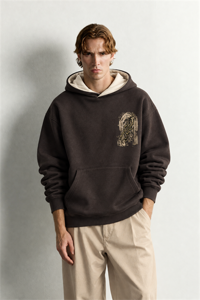 Erkek Van Gogh Patch Baskılı Şardonlu Kapüşonlu Oversize Sweatshirt