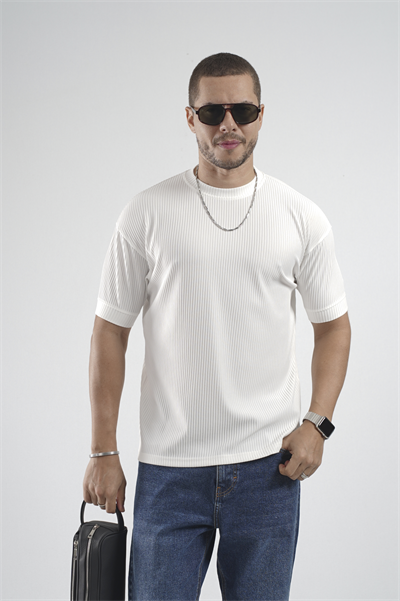 Fitilli Esnek Bisiklet Yaka Erkek Yarım Oversize Kalıp Tişört