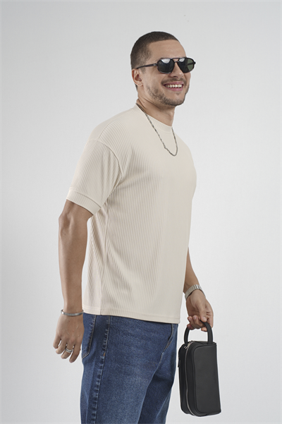 Fitilli Esnek Bisiklet Yaka Erkek Yarım Oversize Kalıp Tişört