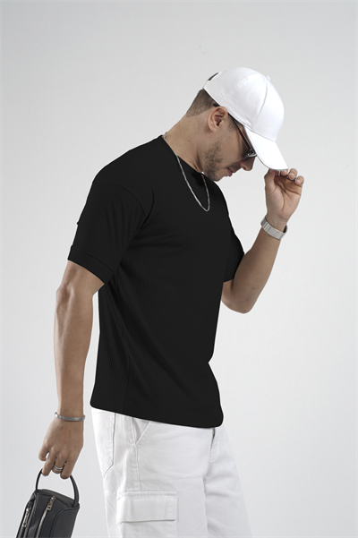 Fitilli Esnek Bisiklet Yaka Erkek Yarım Oversize Kalıp Tişört