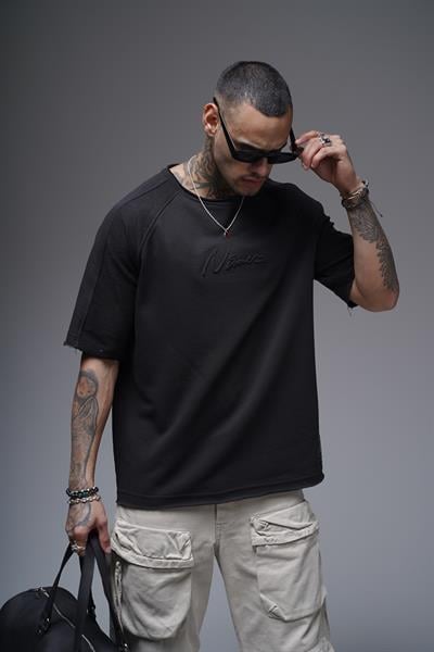 Kabartma Baskılı Garni Detaylı Reglan Kol Oversize Kalıp Unisex Tişört