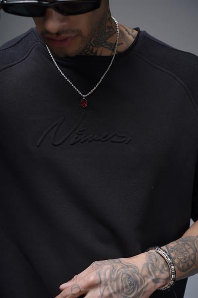 Kabartma Baskılı Garni Detaylı Reglan Kol Oversize Kalıp Unisex Tişört