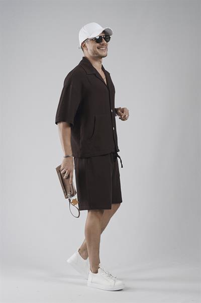 Kanguru Cepli Oversize Kalıp Erkek Gömlek Şort Alt Üst Takım