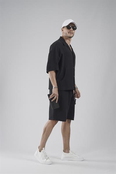 Kanguru Cepli Oversize Kalıp Erkek Gömlek Şort Alt Üst Takım