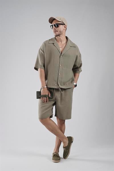 Kanguru Cepli Oversize Kalıp Erkek Gömlek Şort Alt Üst Takım