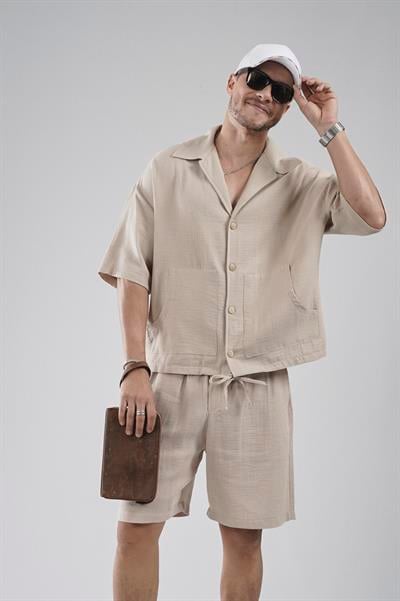 Kanguru Cepli Oversize Kalıp Erkek Gömlek Şort Alt Üst Takım