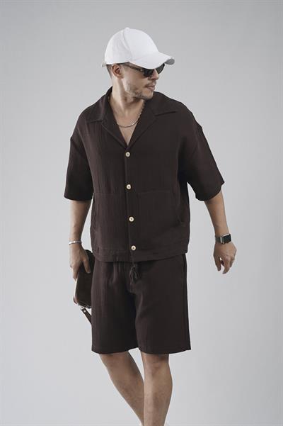 Kanguru Cepli Oversize Kalıp Erkek Gömlek Şort Alt Üst Takım