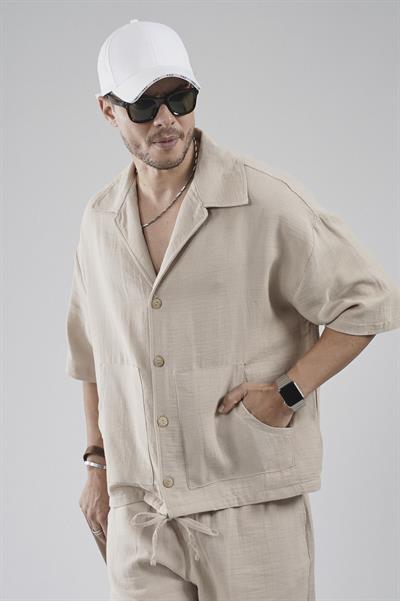 Kanguru Cepli Oversize Kalıp Erkek Gömlek Şort Alt Üst Takım