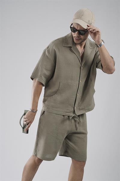 Kanguru Cepli Oversize Kalıp Erkek Gömlek Şort Alt Üst Takım