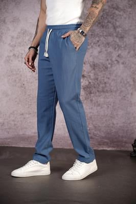 Kingbrich Beli Lastikli Kordonlu Regular Kalıp Düz Keten Erkek Pantolon