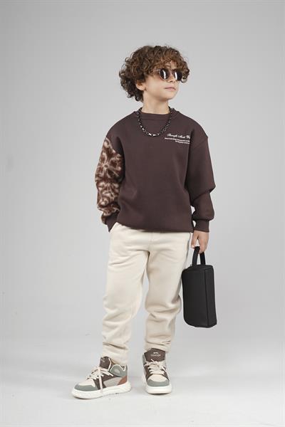 Kingbrich Kids Bisiklet Yaka Kolu Garnili Baskılı Çocuk Sweatshirt