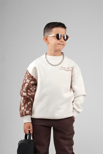 Kingbrich Kids Bisiklet Yaka Kolu Garnili Baskılı Çocuk Sweatshirt