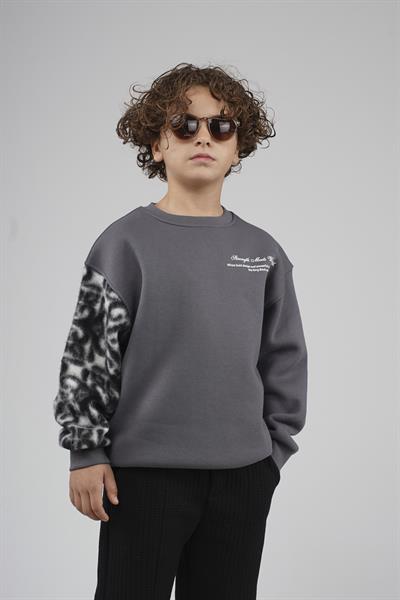 Kingbrich Kids Bisiklet Yaka Kolu Garnili Baskılı Çocuk Sweatshirt