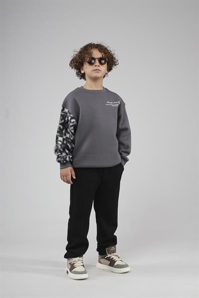 Kingbrich Kids Bisiklet Yaka Kolu Garnili Baskılı Çocuk Sweatshirt